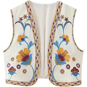 Yimoon Women's Vintage Floral Embroidered Vest Boho Casual Open Front Sleeveless Cardigan Waistcoat(Yellow-L), Large