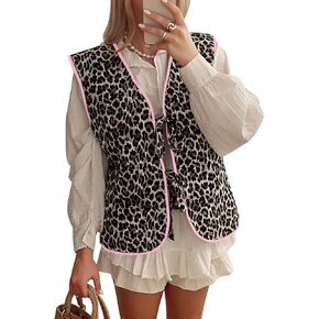 Tankaneo Womens Puffer Vest Sleeveless Leopard Print Tie Front Tops Quilted Gilet Jacket Coat Outerwear