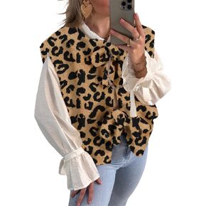 YEMOCILE Leopard Print Tie Front Fuzzy Fleece Vest for Women Oversized Sleeveless Sherpa Jacket Lightweight Warm Outerwear
