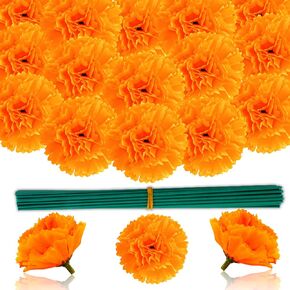 110 pcs Marigold Flowers Heads Bulk Artificial Marigolds with Stems Fake Flower Heads DIY Marigold Garland for Day of The Dead Halloween Diwali Party Decorations Home Decor (Orange)