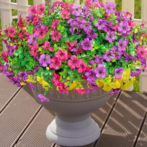 Artificial Faux Plants Flowers Outdoor Decoration, 12 Bundles Fake Silk Colorful Daisy Eucalyptus Realistic UV Resistant for Outside Home Planter Porch Patio Yard Decor (Mix Pink Red Purple Yellow)