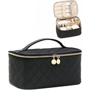 Prite Makeup Bag, Large Capacity Portable Travel Cosmetic Bag, Waterproof Makeup Organizer for Women with Handle and Divider(Black)