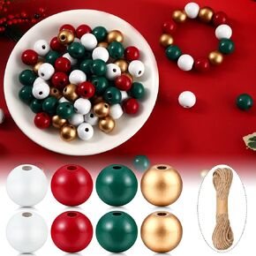 Yookeer 240 Pieces Christmas Wooden Colored Beads for Jewelry Making DIY Crafts Red Green Golden White Large Hole Polished Spacer Beads 16mm Mixed Wood Bead with Twine for Holiday Party Decoration