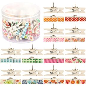 Whaline Push Pins with Colorful Wooden Clips Pushpins 50 Pack Tacks Thumbtacks Clothespins Decorative Craft Paper Clips for Cork Boards Artworks Notes Photos Craft and Wall Decoration