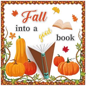 Fall into a Good Book Bulletin Board Classroom Decorations Book Bulletin Board Pumpkin Cutouts Autumn Maple Leaves Bulletin Cutouts for School Home Thanksgiving Chalkboard Wall Door Supplies