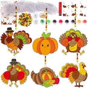 WorldBazaar 24 Sets Thanksgiving Suncatchers Crafts Ornaments Thanksgiving Window Art Suncatchers Craft Kits Thanksgiving Sun Catchers for Kids Classroom Fall Thanksgiving Harvest Party Activity