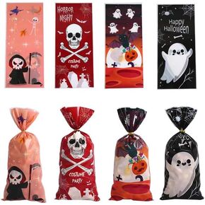 Halloween Treat Bags,Halloween Candy Bags 100 PCS,Halloween Skull Pumpkin Ghost Goody Party Favor Cellophane Gift Bags For Halloween Trick Or Treat Horror Theme Party Snacks Cookies Gift Supplies