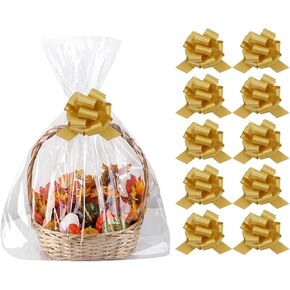 Amsthow Large Cellophane Basket Bags 22 x 32-inch Clear Basket Bags 10CT Basket Cellophane Wrap Gift Bags with Bows for Gift Baskets Weddings (22 x 32-inch