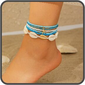LIU JUN Boho Layered Shell Anklet Set, Gold Seashell Starfish Ankle Bracelets Beaded Foot Chain Beach Summer Foot Jewelry Accessories For Women Gifts