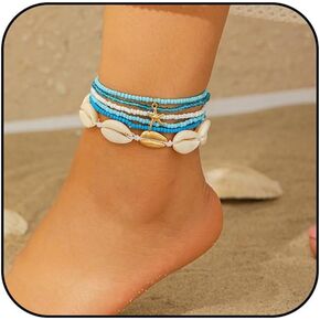 LIU JUN Anklets For Women, 6pcs/Set Boho Seed Beaded Starfish Shell Stretch Foot Chain Beach Rave Party Club Body Accessories Gift Jewelry