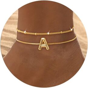 Dainty Bubble A-Z Layered Anklets - Waterproof 14K Gold Plated Initial Satellite Box Chain Ankle Bracelets for Women No tarnish - Fashion Summer Jewelry Gifts