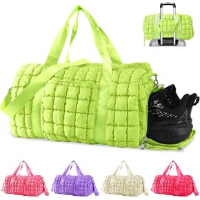 Quilted Gym Bag Duffle for Women,Duffle Bag for Travel with Shoes Compartment,Puffer Weekender Bag Overnight Carry On Duffel Bag with Trolley Sleeve for Airplanes,Personal Item Sports Dance Bag(Beige)