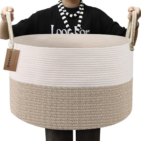 سلة MXMHOME كبيرة من الحبال القطنية، مقاس 23.6 بوصة × 23.6 بوصة × 14.1 بوصة، لتخزين بطانية غرفة المعيشة المنسوجة للأطفال مع مقبض، سلة حضانة، سلة تخزين ألعاب ناعمة، وسائد مريحة، سلة خيط in Kuwait