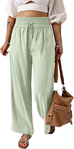 بنطال نسائي فضفاض بخصر مطاطي كاجوال بخصر عالٍ برباط مع جيوب in Kuwait