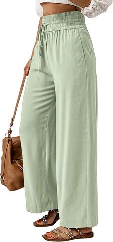 بنطال نسائي فضفاض بخصر مطاطي كاجوال بخصر عالٍ برباط مع جيوب in Kuwait