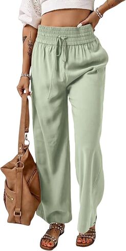 بنطال نسائي فضفاض بخصر مطاطي كاجوال بخصر عالٍ برباط مع جيوب in Kuwait