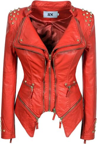 Women's classic Lapel dovetail rivet leather jacket casual personality fashion sexy punk Motorcycle Jacket (S, Red) in Kuwait