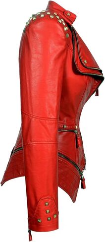 Women's classic Lapel dovetail rivet leather jacket casual personality fashion sexy punk Motorcycle Jacket (S, Red) in Kuwait