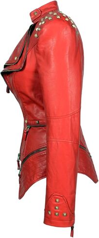 Women's classic Lapel dovetail rivet leather jacket casual personality fashion sexy punk Motorcycle Jacket (S, Red) in Kuwait