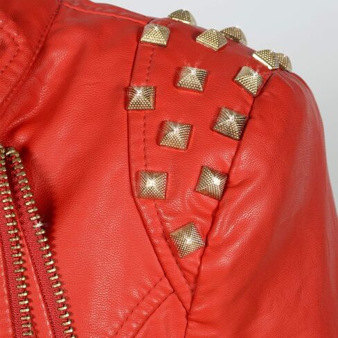 Women's classic Lapel dovetail rivet leather jacket casual personality fashion sexy punk Motorcycle Jacket (S, Red) in Kuwait
