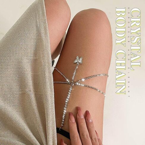 Nicute Sparkly Layered Thigh Chain Silver Crystal Leg Chain Tassel Fashion Party Thigh Jewelry for Women in Saudi Arabia