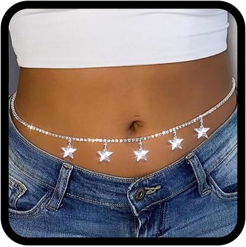 سلاسل الخصر الفضية على شكل نجمة وسلاسل البطن من حجر الراين وسلاسل الجسم على الشاطئ المتلألئة وإكسسوارات الحفلات للنساء والفتيات in Kuwait