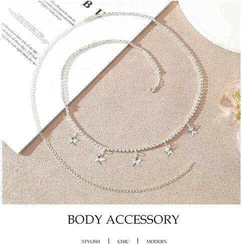 سلاسل الخصر الفضية على شكل نجمة وسلاسل البطن من حجر الراين وسلاسل الجسم على الشاطئ المتلألئة وإكسسوارات الحفلات للنساء والفتيات in Kuwait