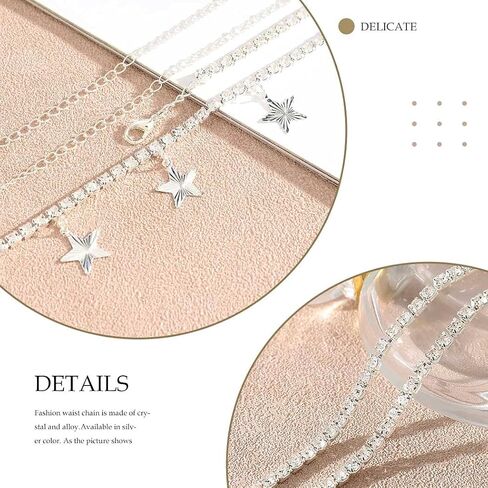 سلاسل الخصر الفضية على شكل نجمة وسلاسل البطن من حجر الراين وسلاسل الجسم على الشاطئ المتلألئة وإكسسوارات الحفلات للنساء والفتيات in Kuwait