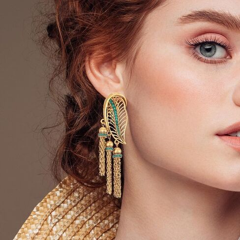 مشبك عتيق على أقراط شرابة باللون البرونزي، ألماس تشيكي أخضر، مجوهرات شرابة ذهبية للنساء in Kuwait