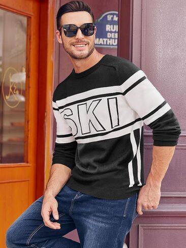 Beotyshow Mens Ski Sweaters Color Block Letter Long Sleeve Casual Crewneck 2024 Fall Winter Knitted Pullover Sweaters S-XXL in Saudi Arabia