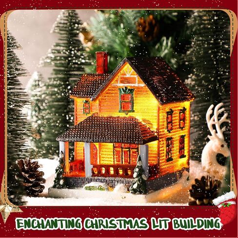 Large Christmas Village Building Snow Town Lighted Christmas Village Houses Resin Christmas Village Accessories with LED Lights for Christmas Village Collection Room Decor(Novelty Style) in Kuwait