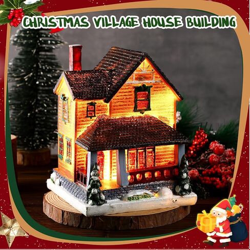 Large Christmas Village Building Snow Town Lighted Christmas Village Houses Resin Christmas Village Accessories with LED Lights for Christmas Village Collection Room Decor(Novelty Style) in Kuwait