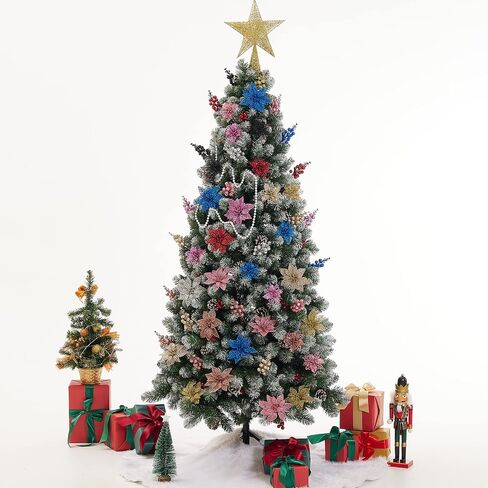 Zhuqing 22Pcs Christmas Poinsettia Artificial Flowers and Glitter Berries Stems Kit, 16Pcs Christmas Tree Flowers Ornaments and 6 Pack Christmas Tree Picks for Wedding Holiday Decorations (Champagne) in Saudi Arabia