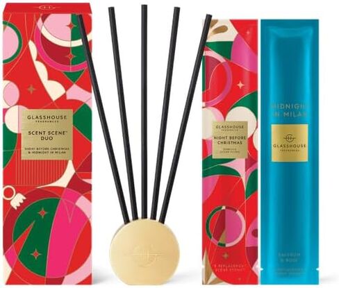Glasshouse Fragrance Night Before Christmas & Midnight in Milan Scent Scene Duo, Refillable Liquidless Diffuser + 10 Stems, Perfume Scented Home Décor, Dancing Sugar Plums & Saffron & Rose Scent. in Saudi Arabia
