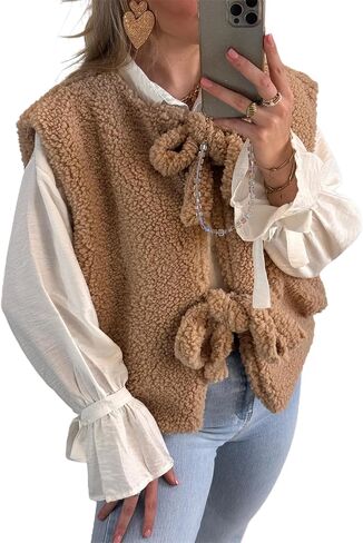YEMOCILE Leopard Print Tie Front Fuzzy Fleece Vest for Women Oversized Sleeveless Sherpa Jacket Lightweight Warm Outerwear in Kuwait