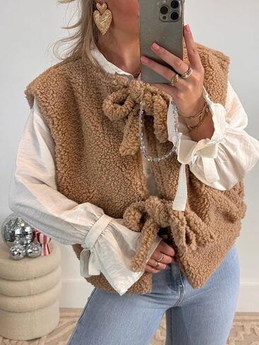 YEMOCILE Leopard Print Tie Front Fuzzy Fleece Vest for Women Oversized Sleeveless Sherpa Jacket Lightweight Warm Outerwear in Kuwait