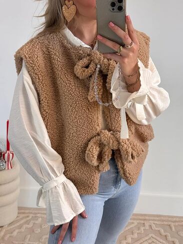 YEMOCILE Leopard Print Tie Front Fuzzy Fleece Vest for Women Oversized Sleeveless Sherpa Jacket Lightweight Warm Outerwear in Kuwait