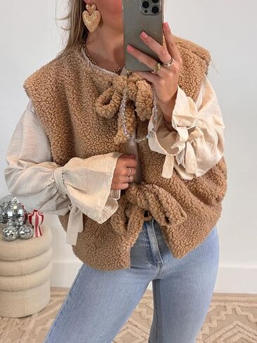 YEMOCILE Leopard Print Tie Front Fuzzy Fleece Vest for Women Oversized Sleeveless Sherpa Jacket Lightweight Warm Outerwear in Kuwait