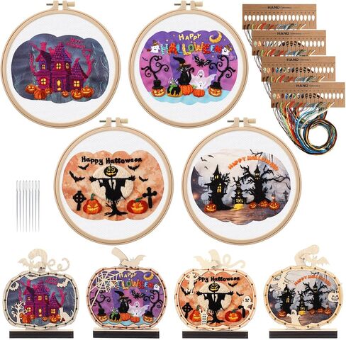 4 Pack Halloween Pumpkins Embroidery Kit DIY Halloween Table Decorations Embroidery Starter Kit for Beginners Ghost House Cat Bat Pattern Craft Ornaments for Indoor Centerpiece Sign Decor in Saudi Arabia