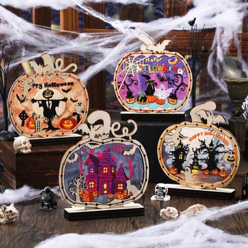 4 Pack Halloween Pumpkins Embroidery Kit DIY Halloween Table Decorations Embroidery Starter Kit for Beginners Ghost House Cat Bat Pattern Craft Ornaments for Indoor Centerpiece Sign Decor in Saudi Arabia