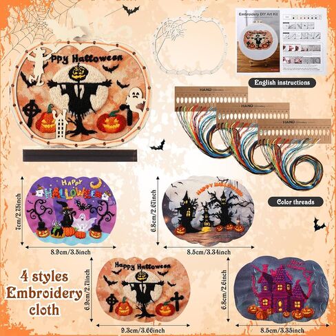 4 Pack Halloween Pumpkins Embroidery Kit DIY Halloween Table Decorations Embroidery Starter Kit for Beginners Ghost House Cat Bat Pattern Craft Ornaments for Indoor Centerpiece Sign Decor in Saudi Arabia