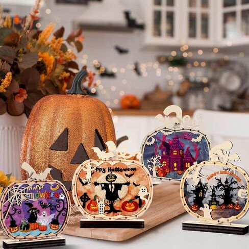 4 Pack Halloween Pumpkins Embroidery Kit DIY Halloween Table Decorations Embroidery Starter Kit for Beginners Ghost House Cat Bat Pattern Craft Ornaments for Indoor Centerpiece Sign Decor in Saudi Arabia