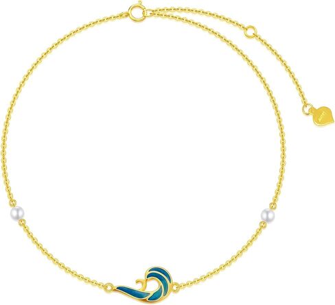 SISGEM 10k Gold Blue Wave Anklet for Women, Real Freshwater Cultured Pearl Ankle Bracelet, Jewelry Gifts for Her, 9.4"+0.8"+0.8" in Saudi Arabia