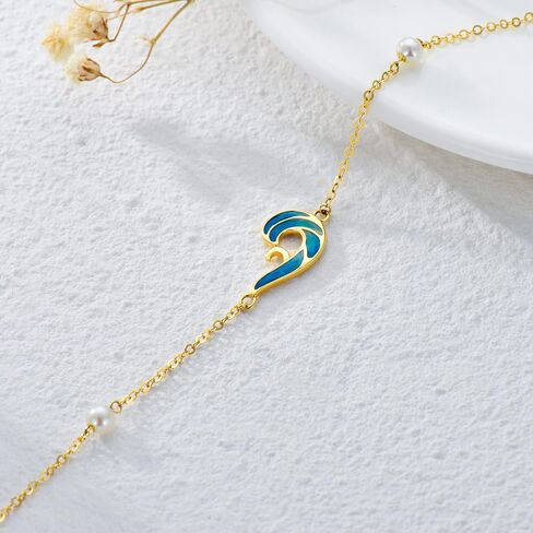 SISGEM 10k Gold Blue Wave Anklet for Women, Real Freshwater Cultured Pearl Ankle Bracelet, Jewelry Gifts for Her, 9.4"+0.8"+0.8" in Saudi Arabia