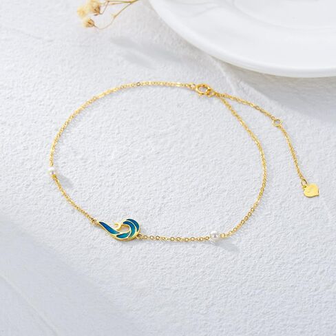 SISGEM 10k Gold Blue Wave Anklet for Women, Real Freshwater Cultured Pearl Ankle Bracelet, Jewelry Gifts for Her, 9.4"+0.8"+0.8" in Saudi Arabia
