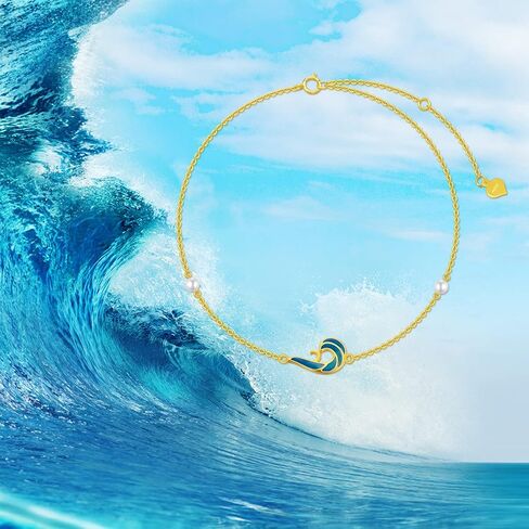 SISGEM 10k Gold Blue Wave Anklet for Women, Real Freshwater Cultured Pearl Ankle Bracelet, Jewelry Gifts for Her, 9.4"+0.8"+0.8" in Saudi Arabia