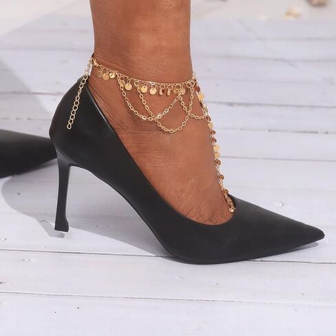 Gold Sequins Barefoot Sandals Pearl Layered Anklets Beaded Beach Foot Chain Ankle Bracelets for Women1 Pairs in Saudi Arabia