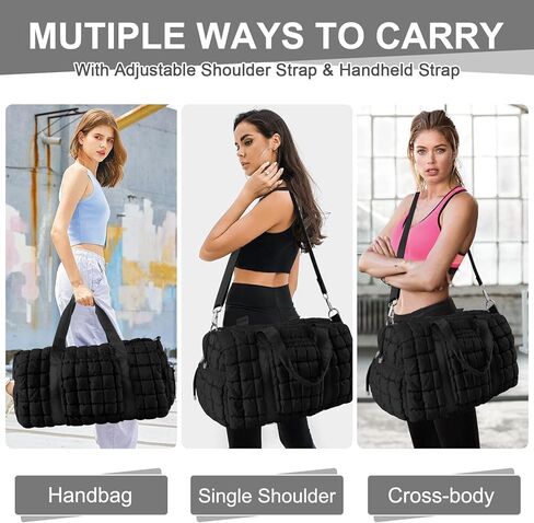 Quilted Gym Bag Duffle for Women,Duffle Bag for Travel with Shoes Compartment,Puffer Weekender Bag Overnight Carry On Duffel Bag with Trolley Sleeve for Airplanes,Personal Item Sports Dance Bag(Beige) in Kuwait