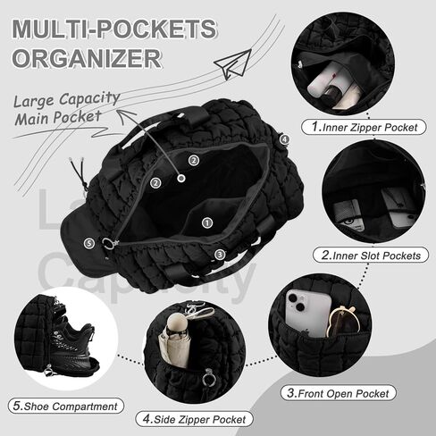 Quilted Gym Bag Duffle for Women,Duffle Bag for Travel with Shoes Compartment,Puffer Weekender Bag Overnight Carry On Duffel Bag with Trolley Sleeve for Airplanes,Personal Item Sports Dance Bag(Beige) in Kuwait