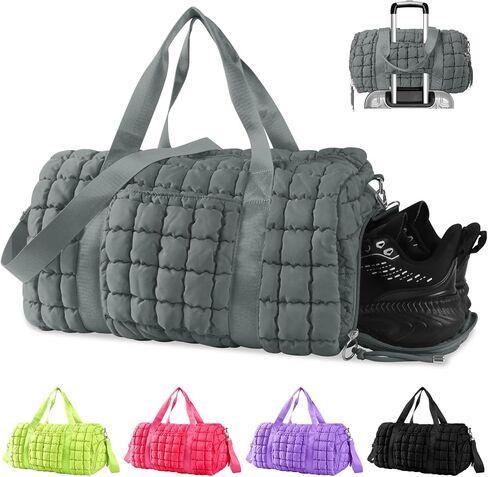Quilted Gym Bag Duffle for Women,Duffle Bag for Travel with Shoes Compartment,Puffer Weekender Bag Overnight Carry On Duffel Bag with Trolley Sleeve for Airplanes,Personal Item Sports Dance Bag(Beige) in Saudi Arabia